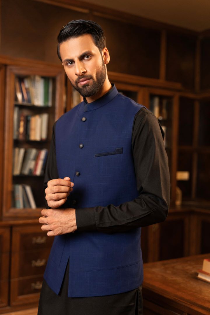 Buy Sharp Blue Slub Waistcoat for Men Online